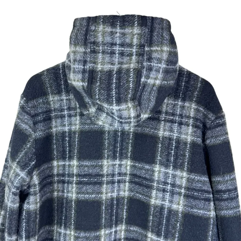 Banana Republic Wool Black Plaid Hooded Shirt Sweater Button Up Jacket Pockets